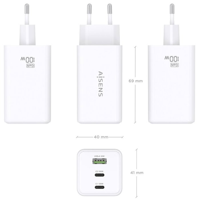 Aisens Cargador GaN 100W 2x USB-C y 1x USB-A Blanco ASCH-100W3P051-W Aisens Cargador GaN 100W 2x USB-C y 1x USB-A Blanco ASCH-100W3P051-W